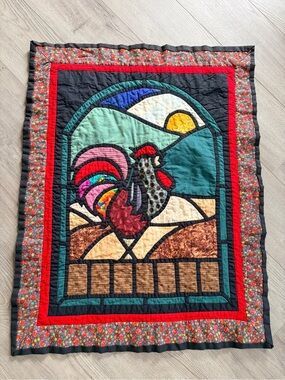 "A New Day Rooster" handmade quilt, stained glass appliqué.